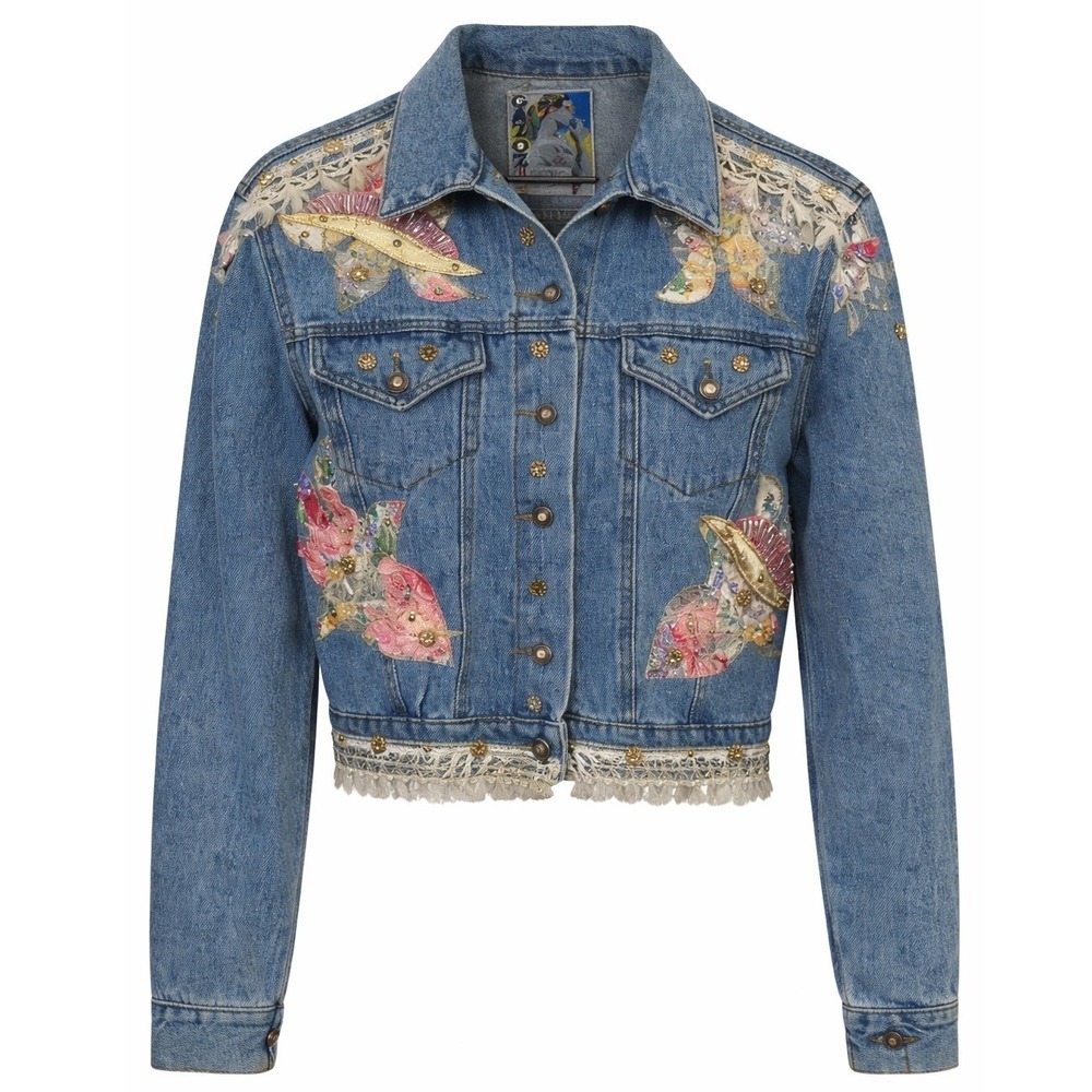 Vintage Gazoz Boho Denim Jacket Beaded Lace Cottagecore M Coastal Cowgirl